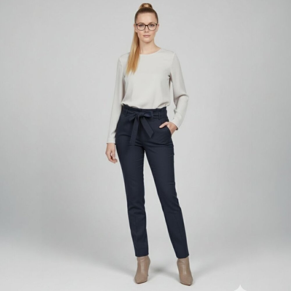 LOFT Petite Navy Paperbag Tie Waist Relaxed Fit Straight Tapered Leg Pants